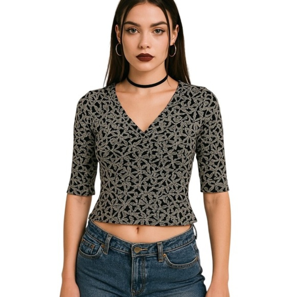 Vtg Black Lace Overlay V Neck 3/4 Sleeve Cropped Top Shirt Womens Sz S Y2K